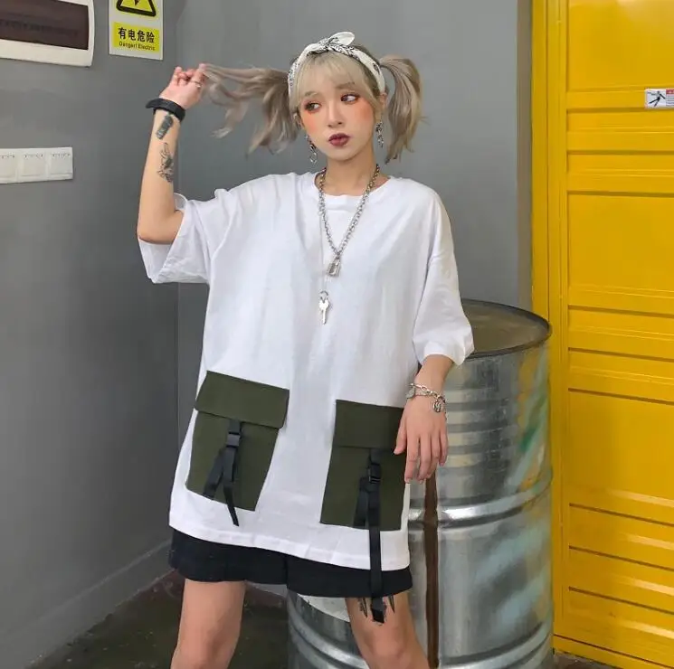 Harajuku уличная винтажная свободная футболка с карманом и коротким рукавом