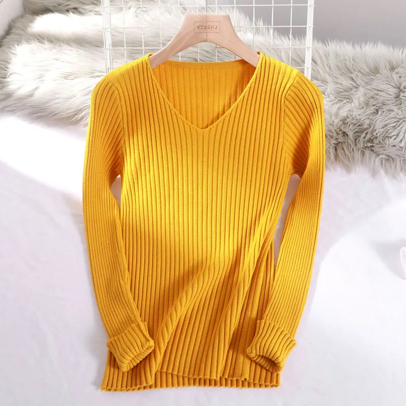 2019 базовый v-образный вырез, однотонный осенне-зимний женский свитер-пуловер, Женский вязаный обтягивающий свитер с длинными рукавами