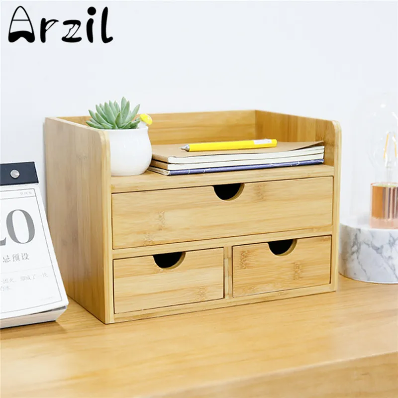 2 layer Wooden Desk Organizer Box with 3 Drawer Cosmetic Shelf