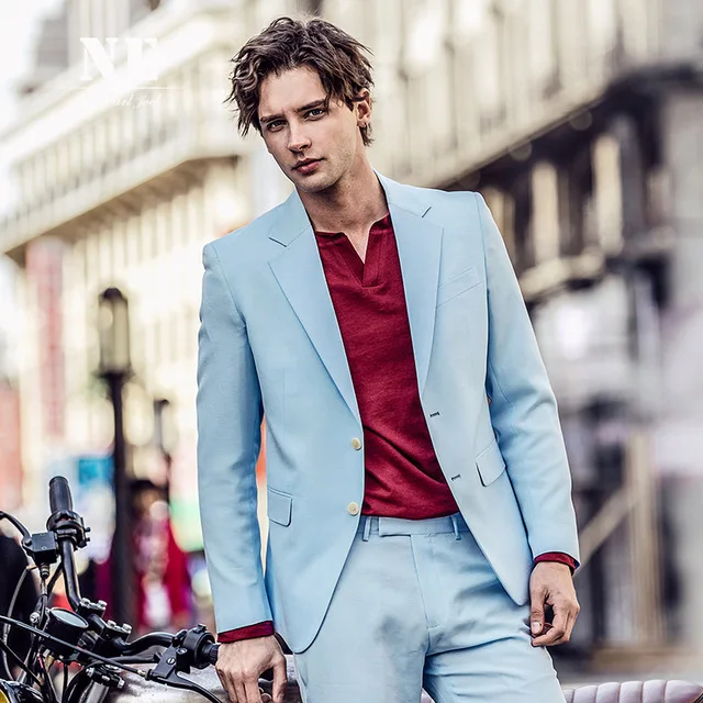869 Spring Summer Men Suits Sky Blue Slim Fit Smart Casual Custom Party Prom Tailor Made Tuxedo 2 Pieces Blazer Terno Jacket+Pants