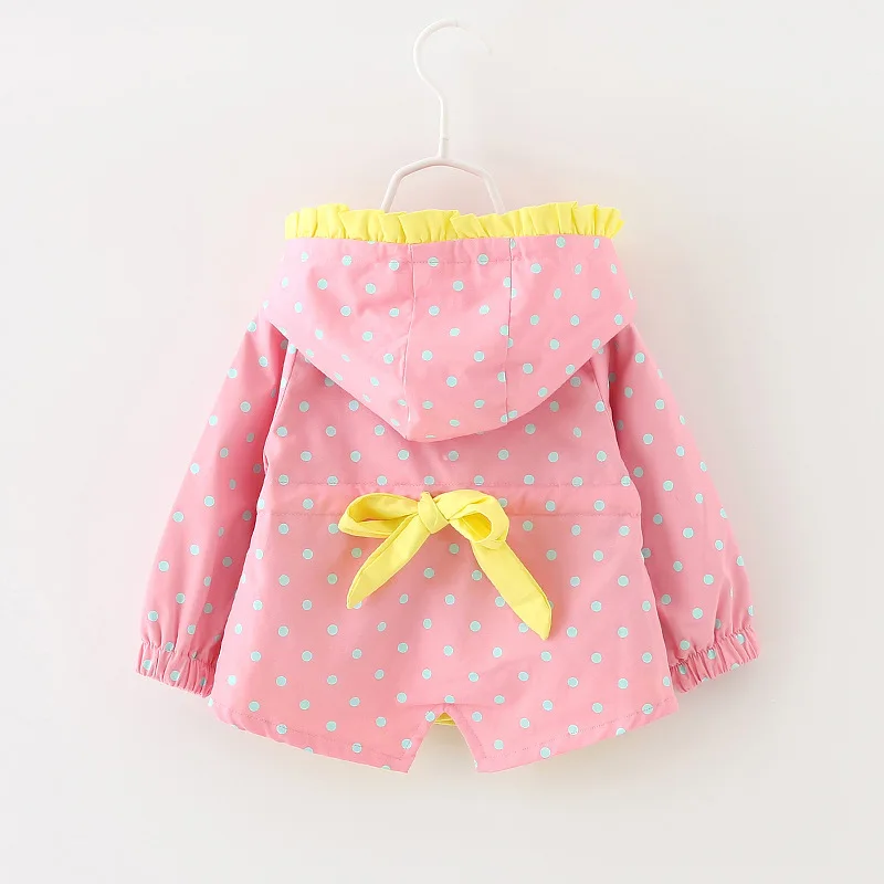 [3 цвета] брендовые новые весенне-осенние детские пальто для девочек, одежда модный Тренч в горошек с капюшоном для маленьких девочек 4-24 месяцев