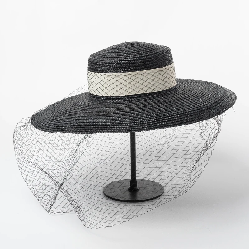 Black Hat with Veils Women Summer Beach Sun Hats Wide Brim Black Straw