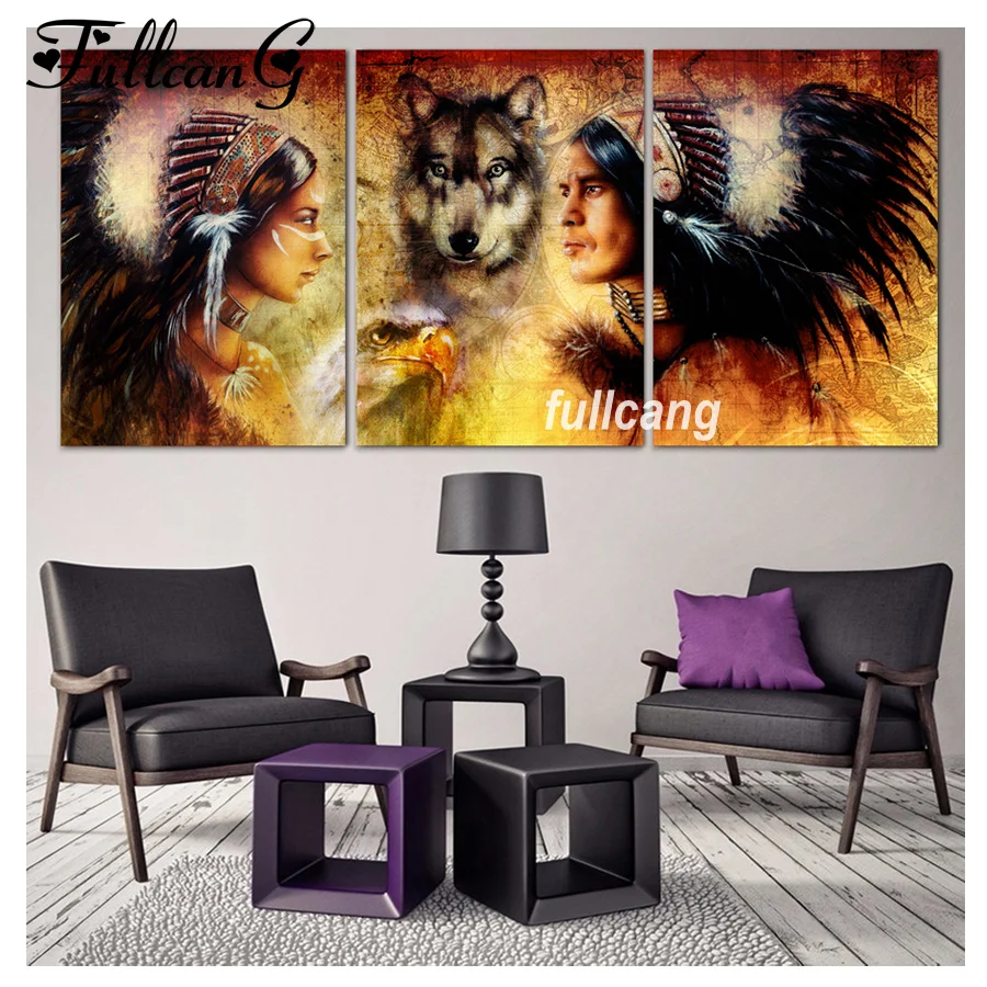 

FULLCANG Full Square Diamond Embroidery Indian Couples And Wolf Diy 5D Diamond Painting Cross Stitch Triptych Mosaic Arts F1150