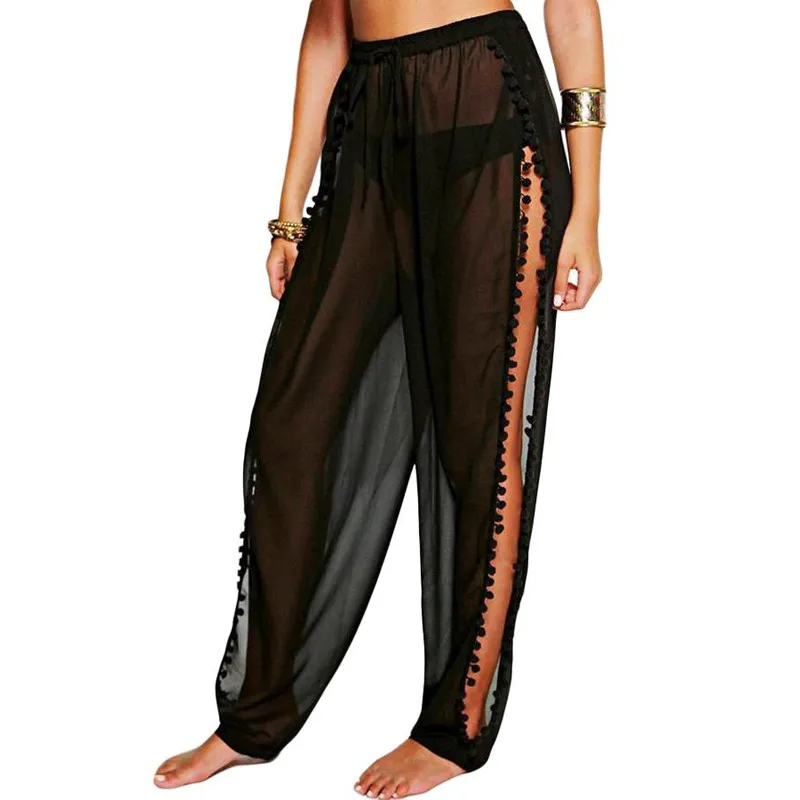 

Sexy Lace Pants Cover Ups Women Ruffles Long Trousers Beach Swimwear See Through Solid Holiday Summer Bikini 2019 Beach Bottoms
