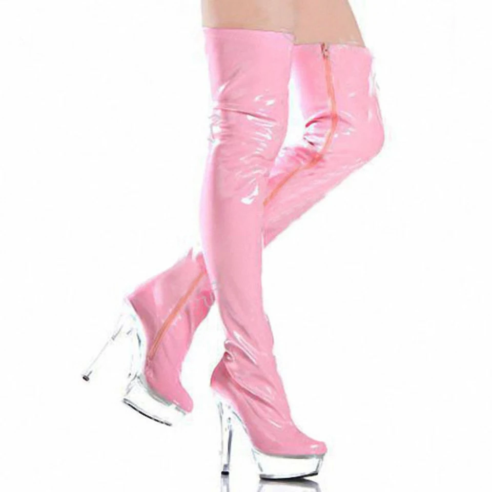Plardin/Большие Размеры: 35-46, пикантные прозрачные сапоги до колена из PU искусственной кожи на высоком каблуке 15 см, на платформе 5 см, на молнии, для ночного клуба, Танцевальная вечеринка