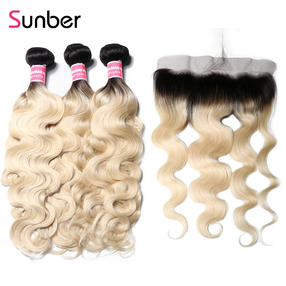 Sunber волос T1B/613 тело волны бразильский пучки волос с фронтальной человеческих волос Ombre блондинка 13*4 фронтальная с Связки