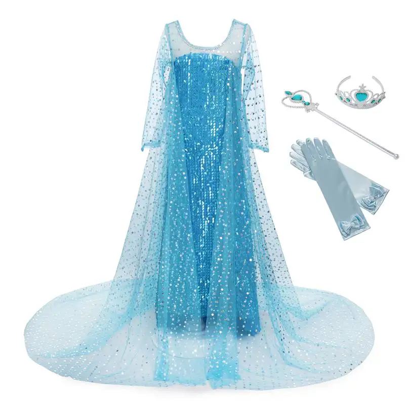 MUABABY платья Золушки для девочек; Детский костюм принцессы Эльзы с длинными рукавами и синими блестками; Вечерние платья на Хэллоуин для девочек - Цвет: Elsa Dress Set