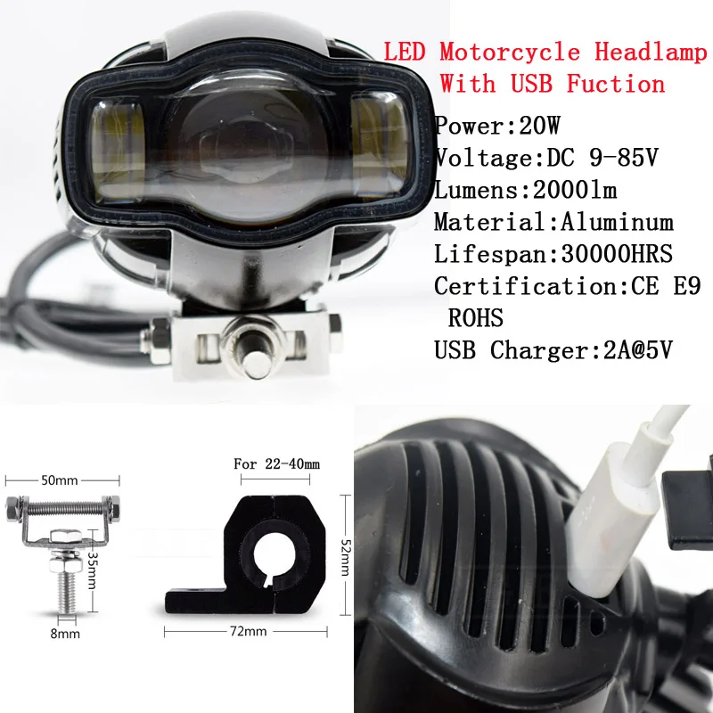 2000LM Universal Motorcycle farol auxiliar headlight lamp Moto LED Fog lights with USB Charger For Harley Chopper Cafe Racer BMW цена 2000LM Universal Motorcycle farol auxiliar headlight lamp Moto LED Fog lights with USB Charger For Harley Chopper Cafe Racer BMW цены онлайн