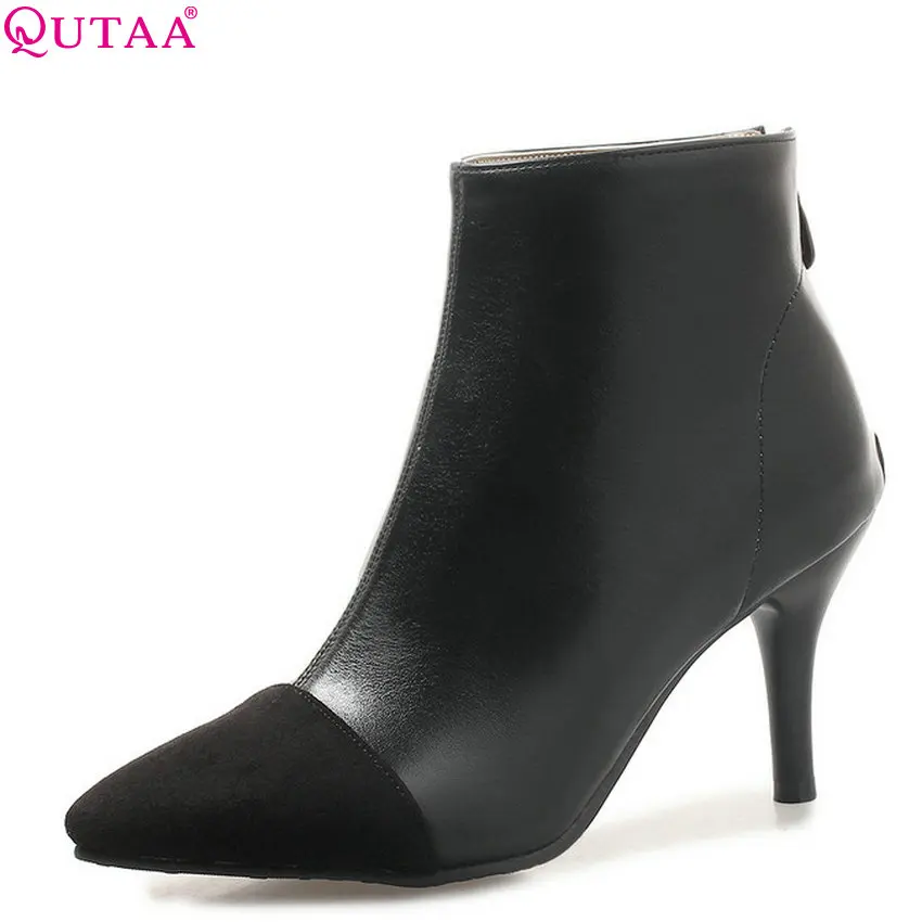 

QUTAA 2019 Pu Leather Fashion Women Shoes Platform Thin High Heel Women Ankle Boots Zipper Women Motorcycle Boots Big Size 34-43