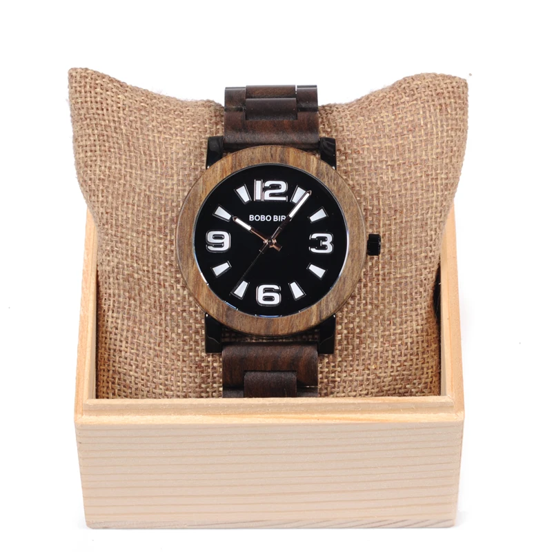 BOBO BIRD Antique Mens Wood Watches Steel Case Wooden Bezel Wristwatch with Wooden Band in Gift Box