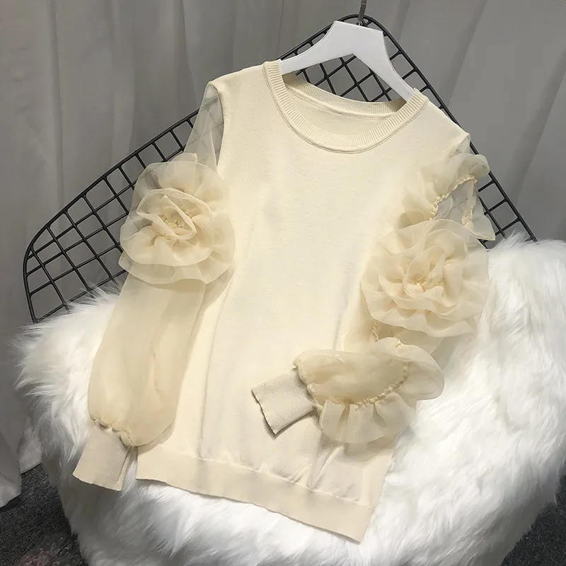 LUOSHA Women 2020 Spring Summer Knitted Organza Patchwork Lantern Sleeve 3D Flower Pullover Sweater Top Fashion Tops Mujer Femme | Женская