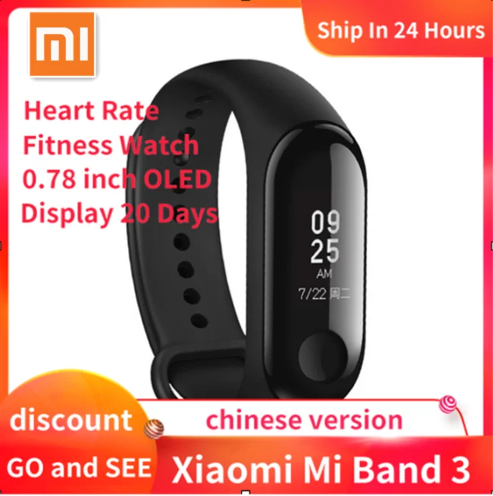 

Xiaomi Mi Band 3 Smart Wristband Band3 Fitness Bracelet MiBand Big 0.78" OLE Touch Screen OLED Message Heart Rate Time Smartband