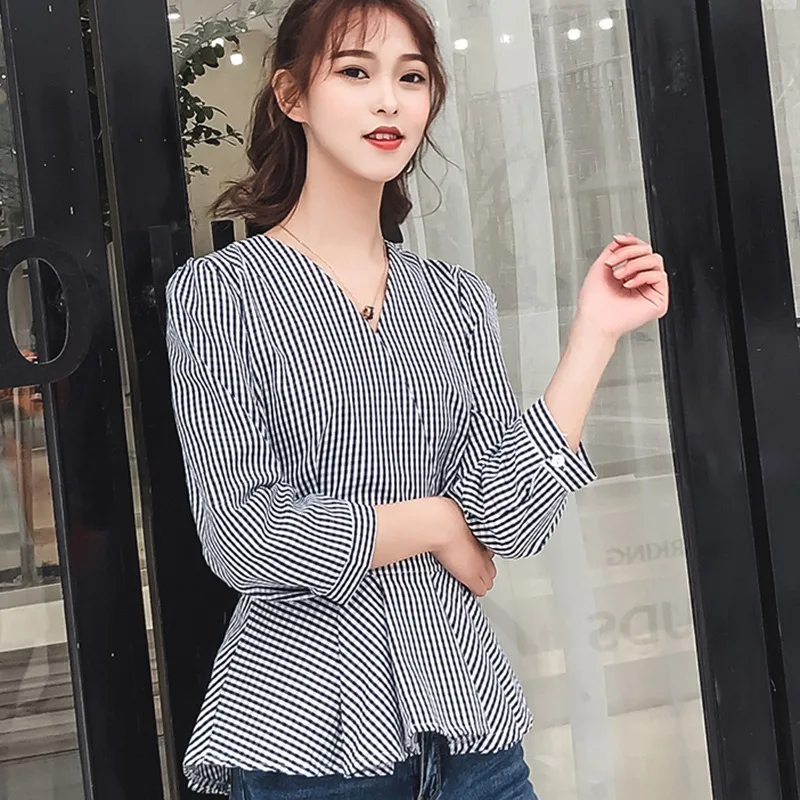 Для женщин пикантные V шеи Полосатый блузки Повседневное с длинными рукавами Блузы с завязками на талии корейская модная женская блузка