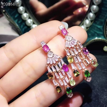 

natural Multicolor tourmaline drop earrings S925 silver Natural gemstone earring Luxurious big Tassels women party gift jewelry