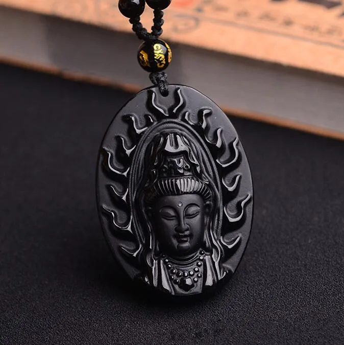 Natural obsidian Guanyin bodhisattva Guanyin head pendant ben buddha ...