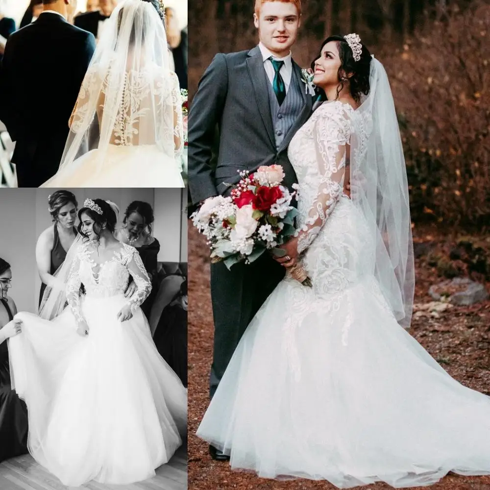 С длинным рукавом страна Свадебные платья Русалочки со съемной Overskirt поезд 2019 Воротник Sheer Jewel свадебное шелковое с аппликацией платье