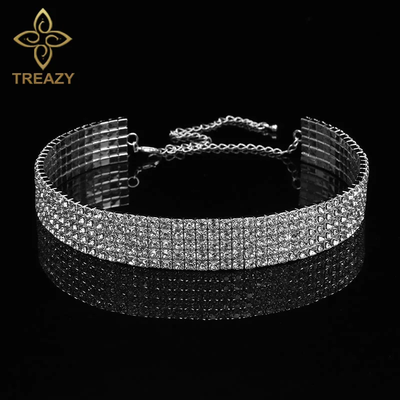 

TREAZY Bridal Wedding Party 5 Row Rhinestone Choker Chain Necklace for Women Diamante Crystal Choker Necklace Elastic Cord