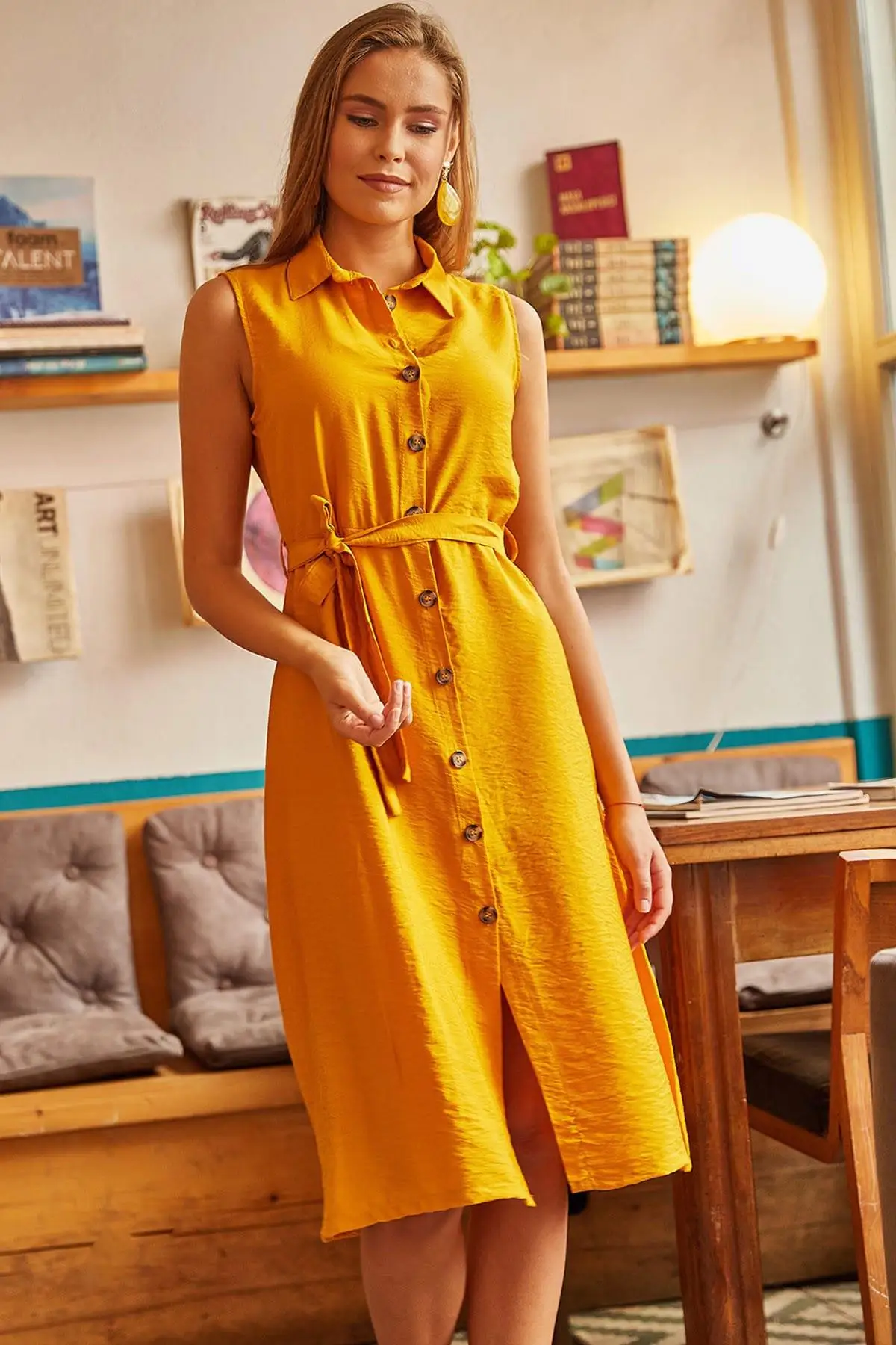 

Ola Women Mustard Belted Button Basement Shirt Dress ELB-19000604