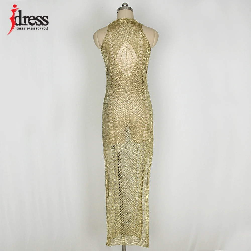 IDress Sexy Knitted Crochet Club Dress 2017 Summer Beach Sleeveless Maxi Dress Hollow Out See Through Purple Gold Beach Dress (5)
