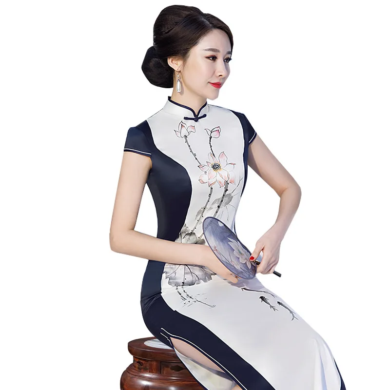

White Vintage Chinese Style Qipao Long Handmade Button Cheongsam Dress Women's Mandarin Collar Traditional Dress Size M -3XL