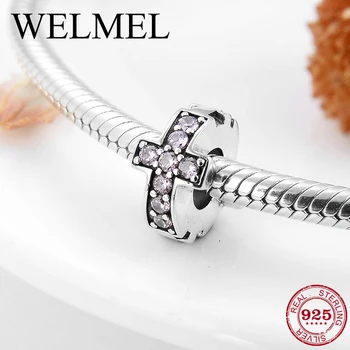 

2019 New 925 Silver Fashion Pink cross Zircon Charms Stopper Spacer Beads Fit Original diy European Bracelet Jewelry making