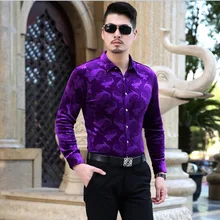 Высокое качество новейший стиль Осень Мужская мода цветочный Золотой Бархат платье рубашка Формальные Мужчины Бизнес с длинным рукавом бархатная рубашка