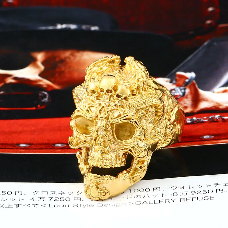 BEIER, панк, крутой, три черепа, модное большое кольцо, нержавеющая титановая сталь, Панк Мода для мужчин, ювелирные изделия, на Хэллоуин, вечерние BR8-526 - Цвет основного камня: gold colour