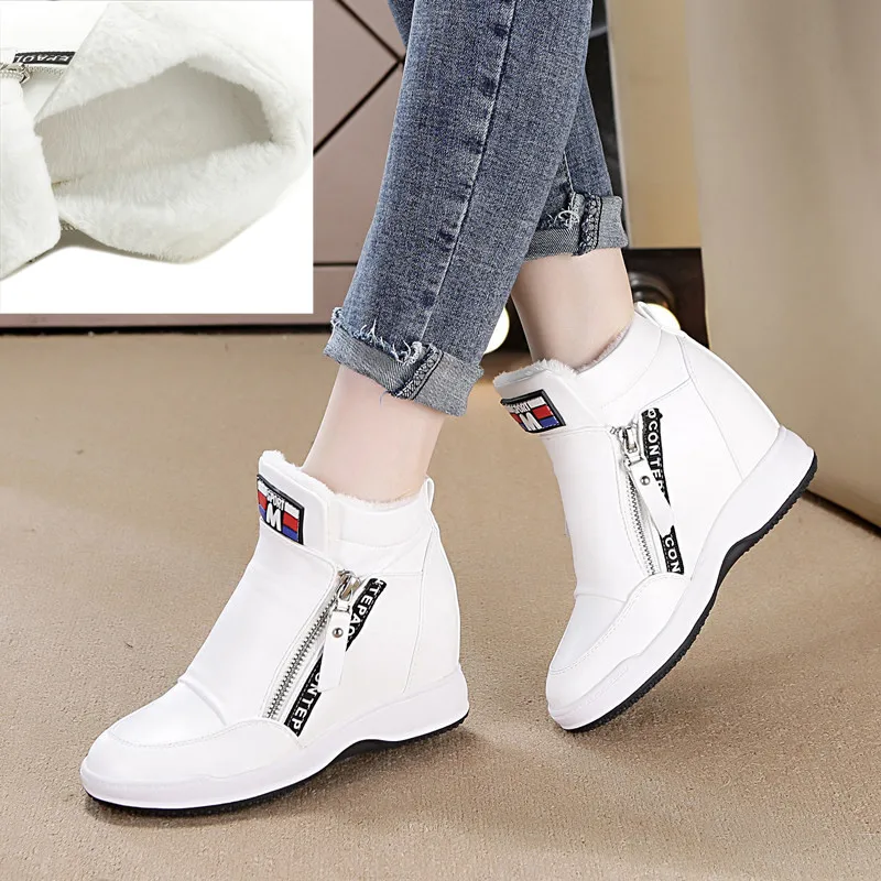 Acheter SWYIVY Hiver Fourrure Sneakers Plate Forme Femme 2018 Automne High Top Femme Casual Chaussures Wedge Side Zipper Mode Chaud Neige Sneakers