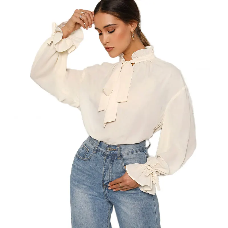 bai3  - HTB1cTRYbovrK1RjSszfq6xJNVXal - SHEIN Ruffle Tie Pescoço E Folho Luva Partes Superiores Das Senhoras Blusa Mulheres Primavera Gola Sólida Elegante Workwear Tops E Blusas