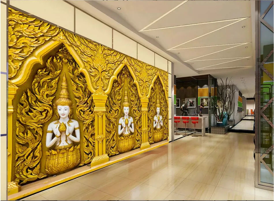 3D тисненая золотая статуя Будды религиозная настенная бумага тайская кухня ресторан промышленный Декор фон обои 3D