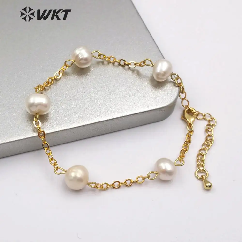 

WT-B480 WKT Natural Freshwater Pearl Bracelet Adjustable Gold Bangle Women Wedding Jewelry New Arrival Findings