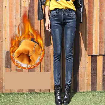 

Nonis Warm Velvet Women Winter Mid Waist Skinny Jeans Ladies Slim Fit Thick Denim Pants Elastic Denim Pencil Pants Plus Size