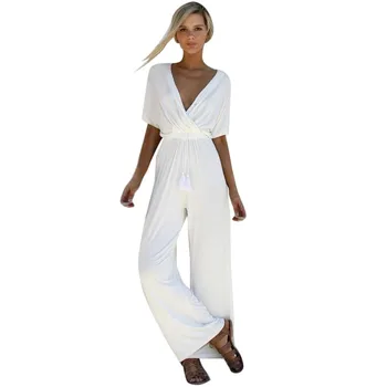 

Polyester suit Bohemian Women V Neck Playsuit Party Ladies Bodysuit Short Sleeve Loose Loose Floral printed Long Jumpsuit c0426