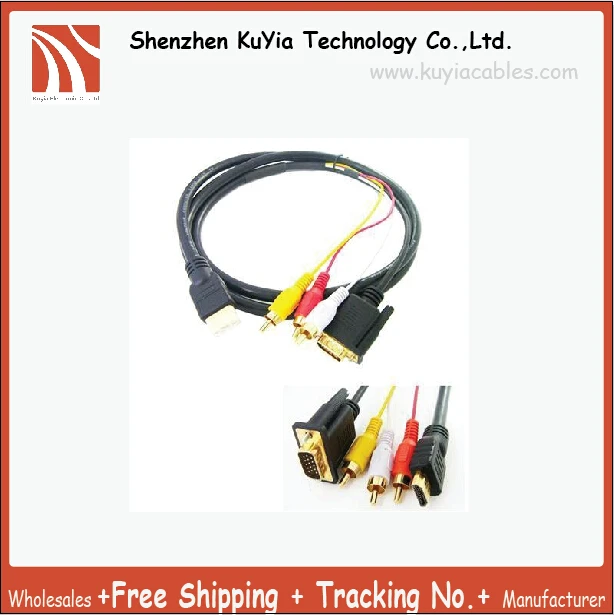 

KUYiA Free Shipping ,Gold-plated HDMI to VGA HD15 3 RCA Video/Audio AV Cable ,High Speed ,Wholesale
