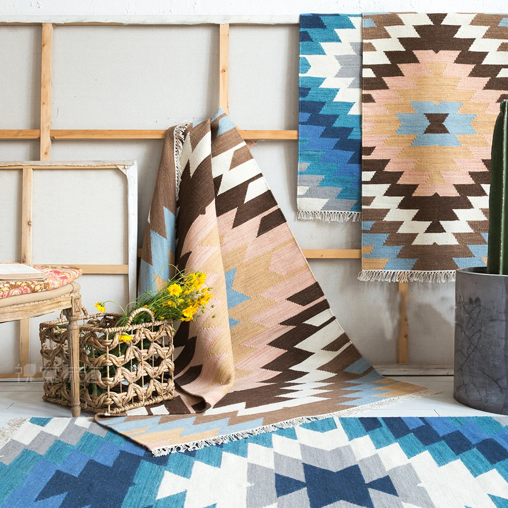 

Kilim100% wool handmade Carpet geometric Bohemia Indian Blue Rug plaid striped Modern Vintage contemporary design Nordic style