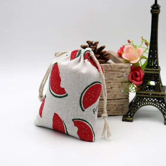 10pcs/lot Cute Linen Drawable Cotton Bags 9x12cm Handmade Travel Packaging Pouches Dry Small Cloth Jewelry Cotton Bags for Party - Цвет: watermalon