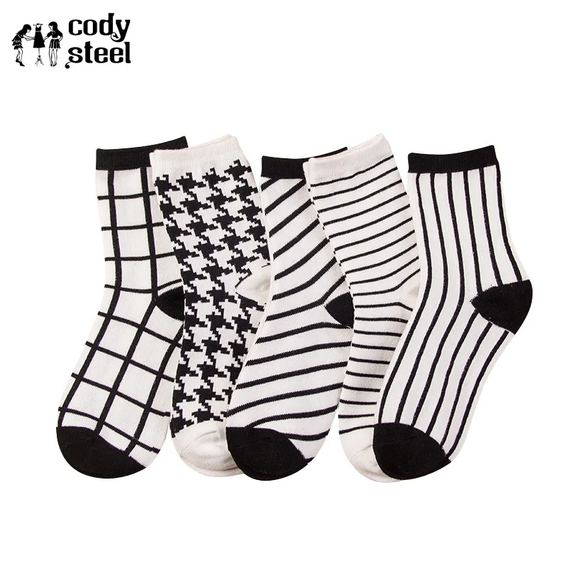 Cody Сталь Для женщин ретро носки Классические черные и белые хлопковые носки для девочек творческий полоса Дамская мода носки без пятки 3 пар/лот