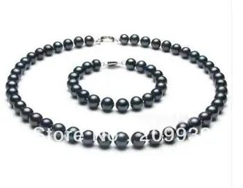 

huij 002057 SET9-10MM TAHITIAN BLACK PEARL NECKLACE BRACELET 14K