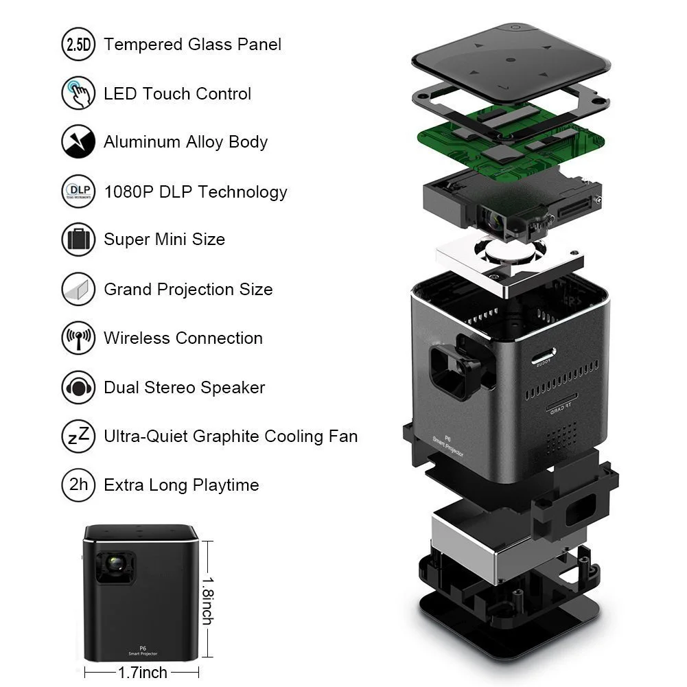 

Mini P6 DLP Projector 80 Ansi Lumen Dual Band Wifi 1080P Home Theater for IOS Apple New @JH