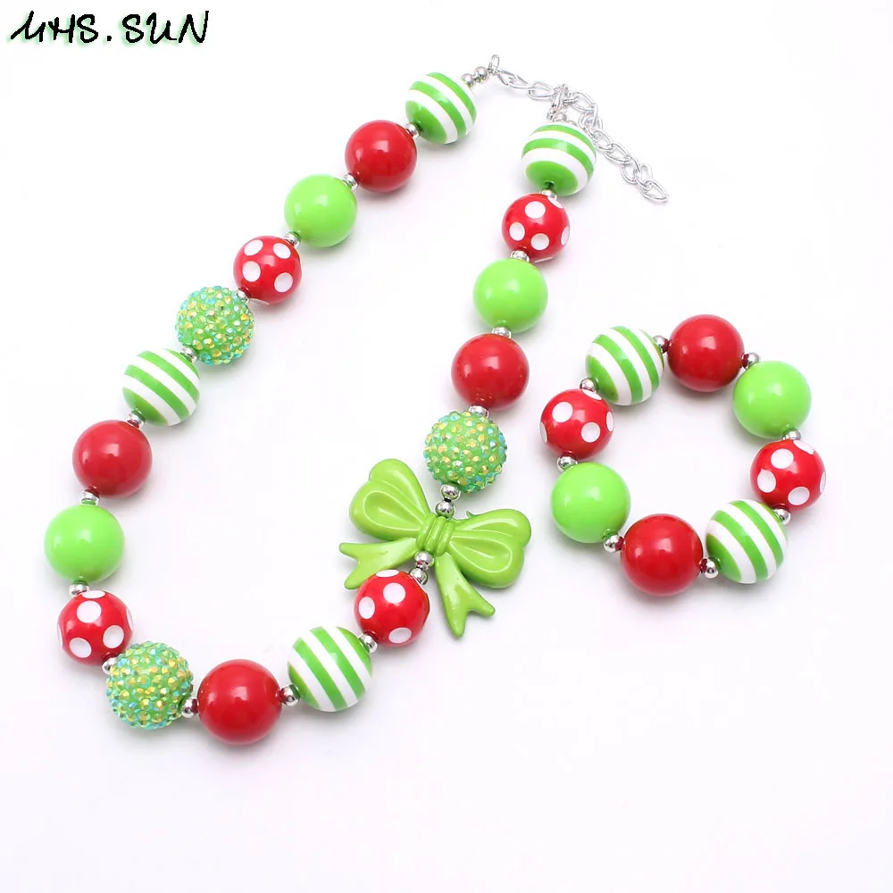 

MHS.SUN Newest Christmas Gift Red+Green Bubblegum Beaded Necklace Bracelet for Baby Girls Chunky Chain Necklace Handmade Jewelry