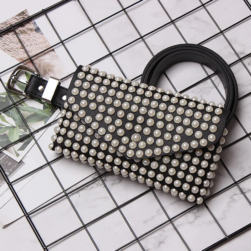 

2019 Spring Summer Woman Waistbag New Imitate Pearl Rivet Decoration Leather Rectangle Single Square Buckle Belt 420