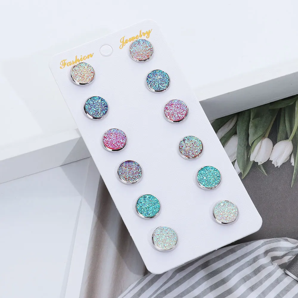 

6 Pairs/Set Femme 12mm Round Silver Druzy Quartz Stud Earrings Set Bling Sparkly Crystal Rhinestone Ear Studs Charm Jewelry
