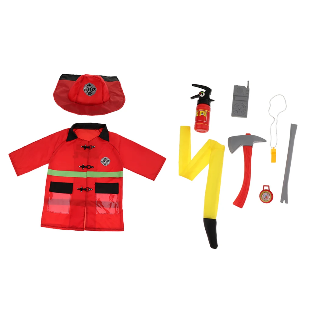 9PCS Clothes Hat Walkie-talkie Fireman Chief Dress-Up Uniform Cosplay Outfit For Children Role Playing