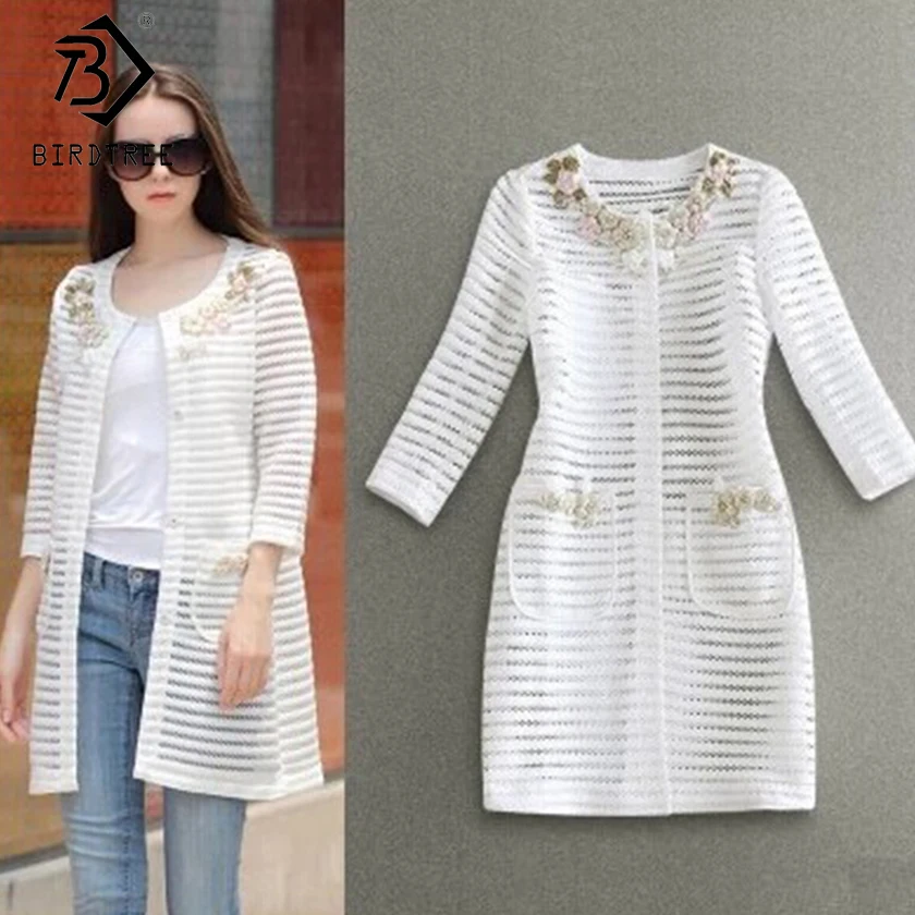 incredible 2018 Autumn Women's Long Coats Fashion Long Sleeve Beaded Hollow Out Embroidery Tops Striped Ladies