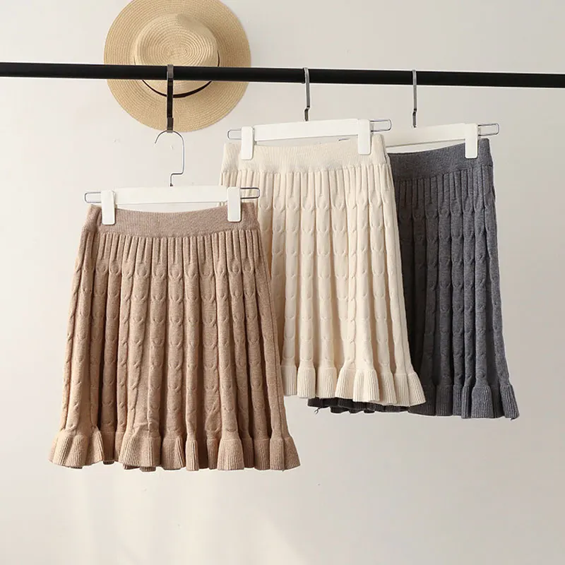 Теплые трикотажные юбки женские зимние эластичные с высокой талией оборки плиссированные мини-юбки женские черные бежевые серые твист юбка для девочек