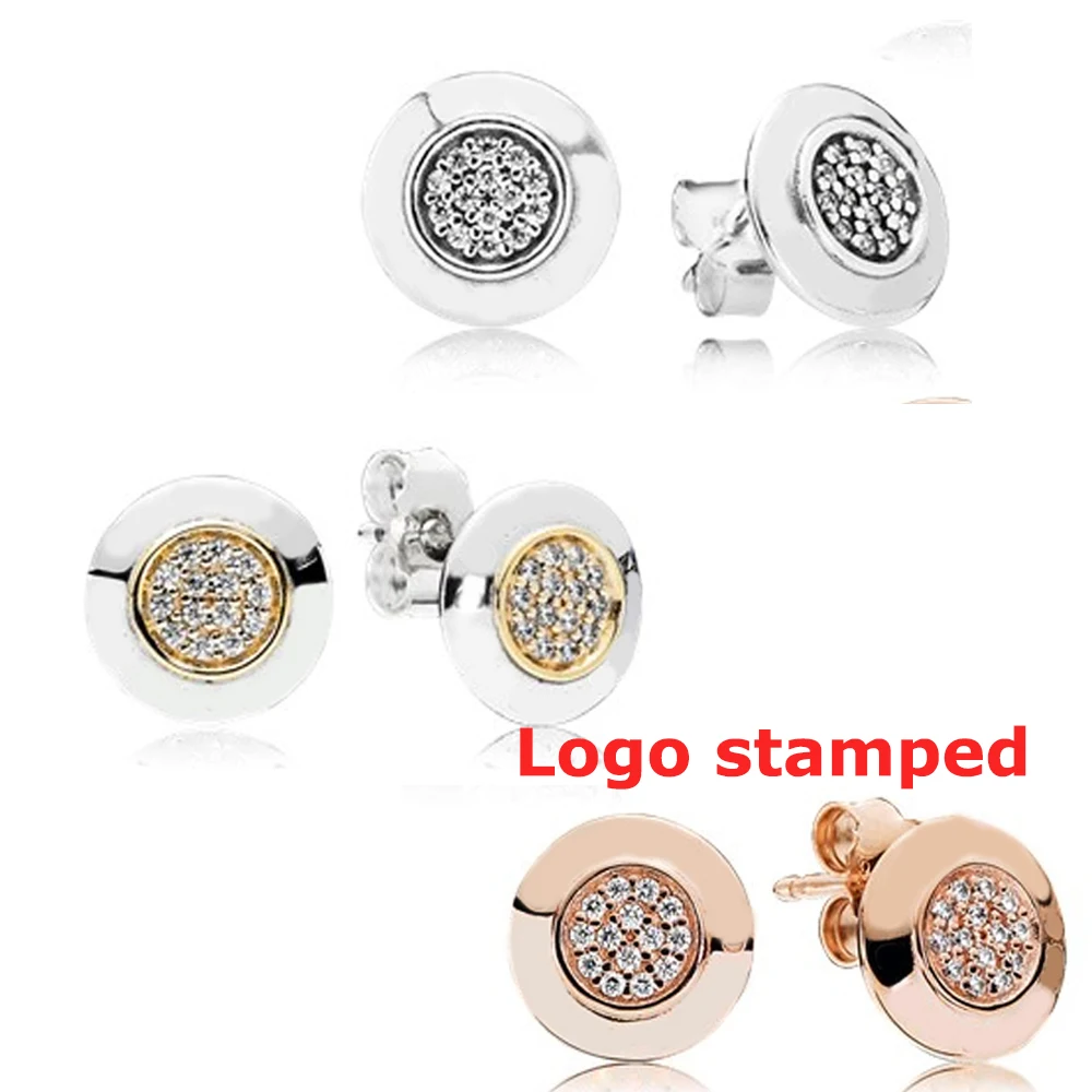 

100% Signature 925 Sterling Silver&roseGold Color Round Stud Earring Rose Gold zircon Original Autograph Earrings DIY brand Logo