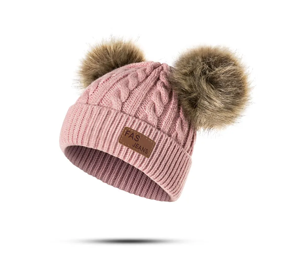 Шапка с помпонами для маленьких мальчиков и девочек; детская зимняя шапка для девочек; вязаные шапочки; плотная детская шапочка; теплая шапка для малышей - Цвет: skin pink