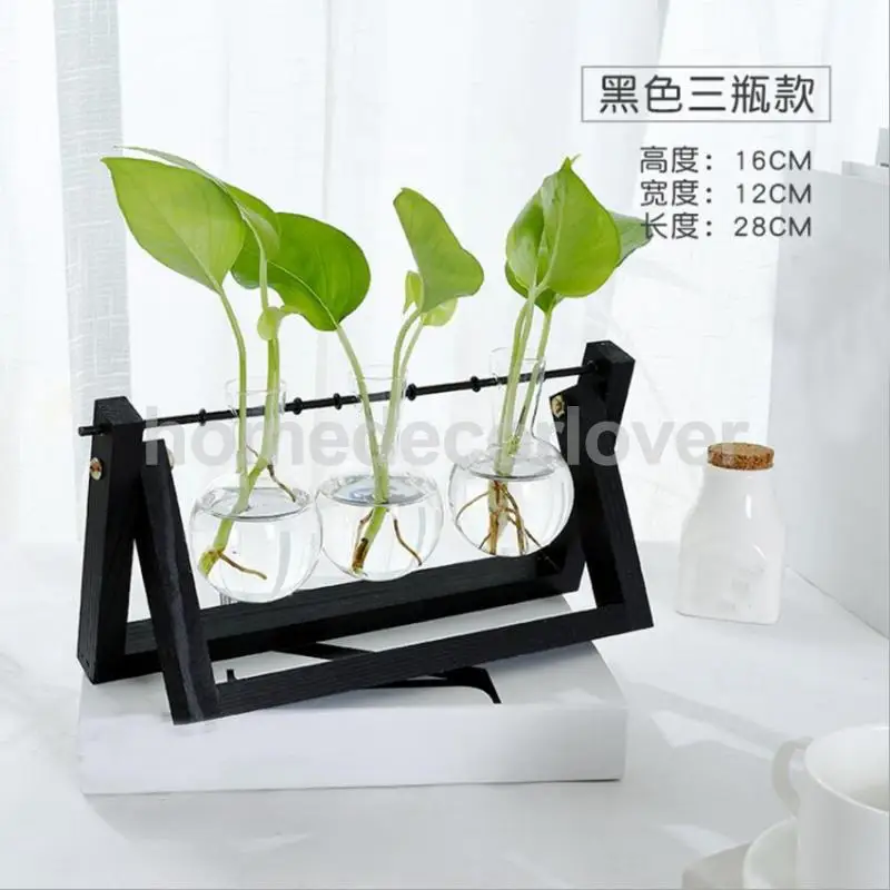 Tabletop Wood Stand Glass Flower Vase Plant Planter Hydroponic Container Home Decor