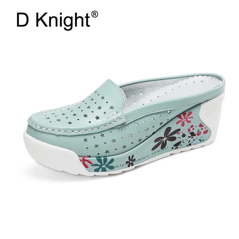 

Ladies Casual Slip-on Slides Fashion Flower Print Platform Wedge Slippers For Women New Breathable Genuine Leather Women Slipper