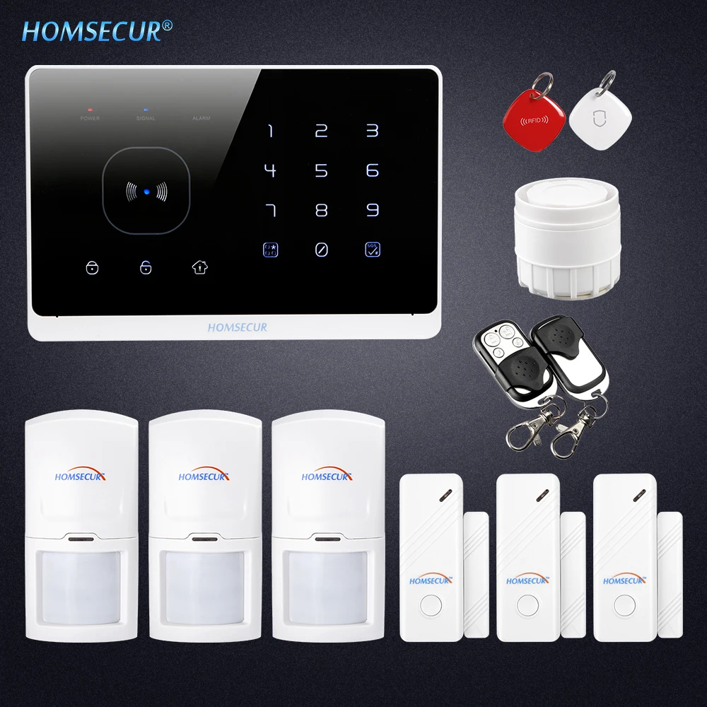 

HOMSECUR Wireless&wired GSM RFID SMS Autodial Home Alarm System With Touch Panel